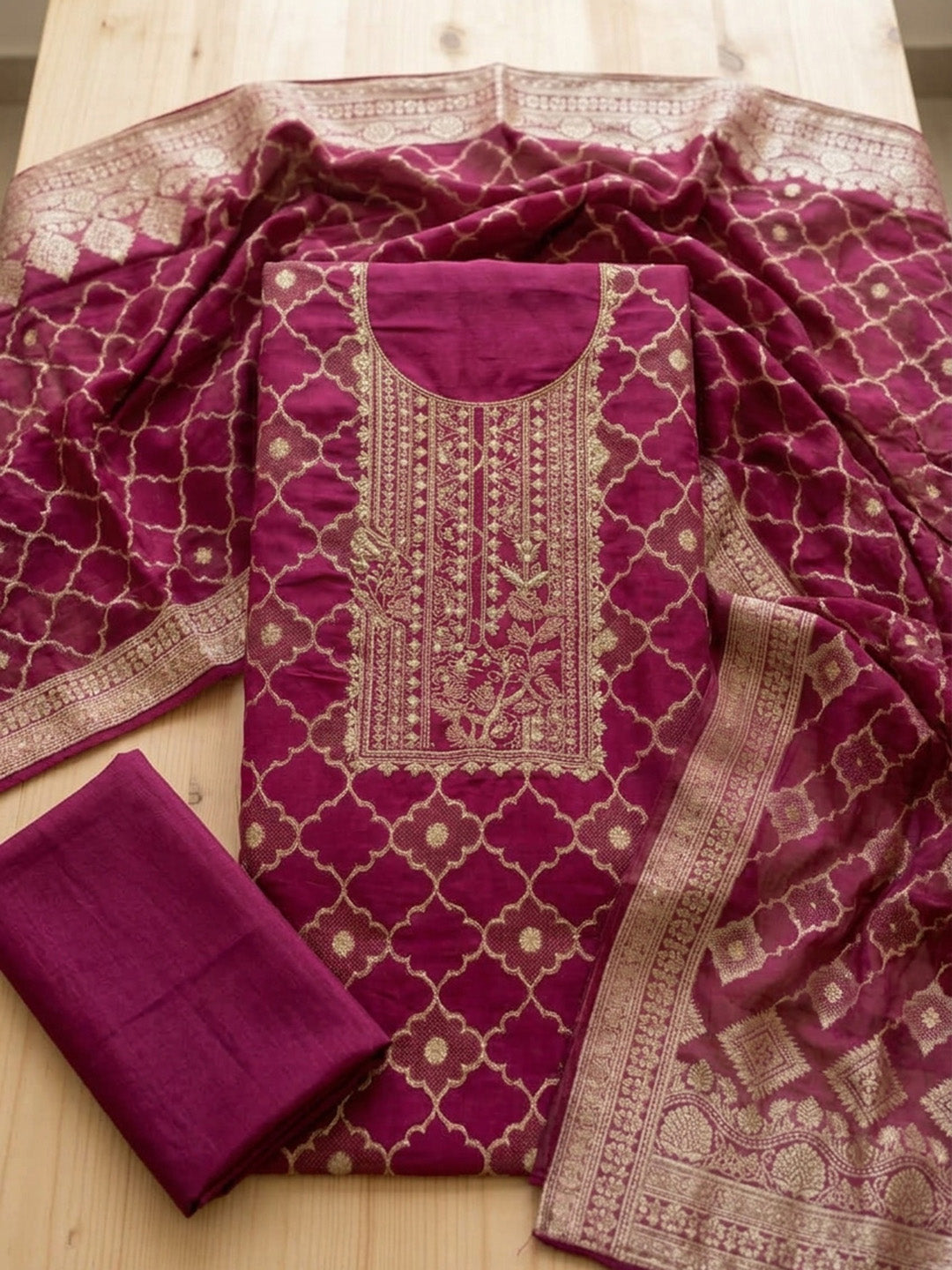 Embroidered Chanderi Unstitched Suit With Pant &amp; Dupatta