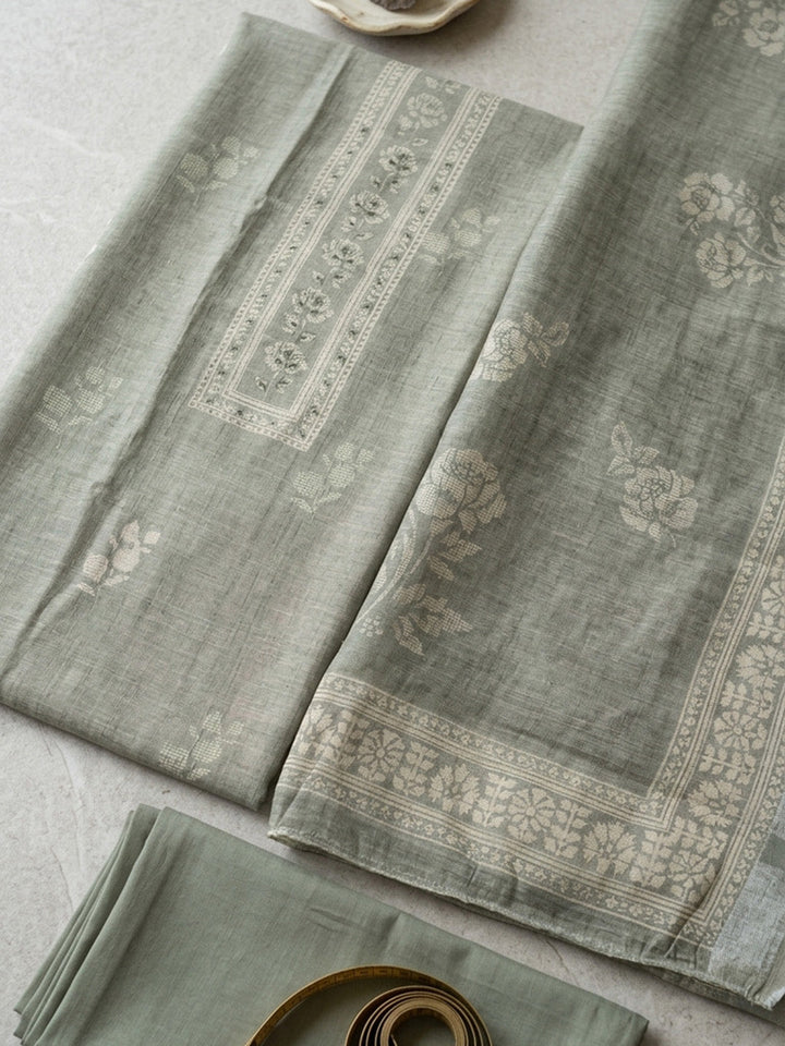 Printed Linen Blend Unstitched Suit With Pant &amp; Dupatta