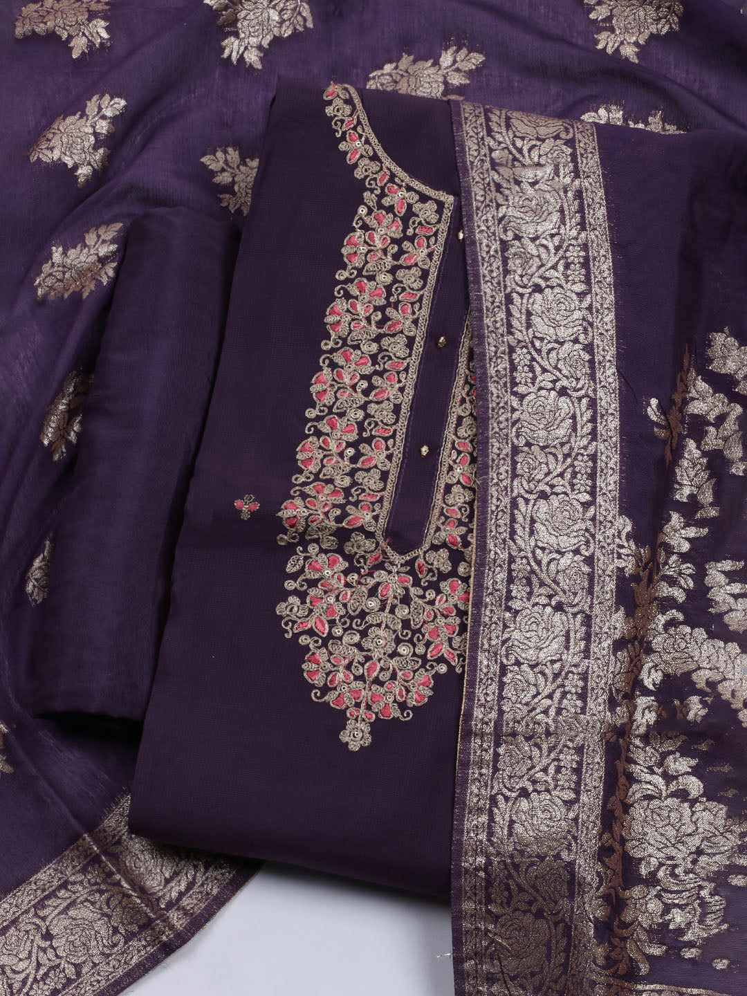 Neck Embroidered Cotton Blend Unstitched Suit With Dupatta