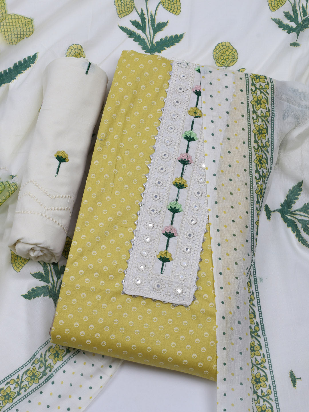 Neck Embroidered & Printed Cotton Blend Unstitched Suit With Dupatta