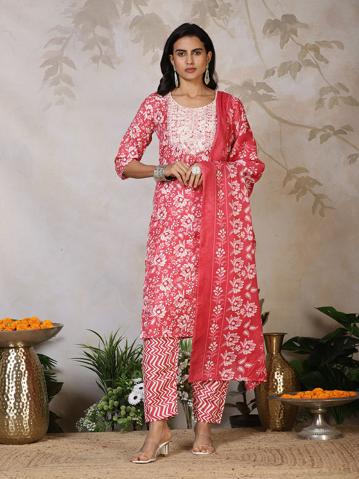Printed Cotton Blend Kurta With Pants &amp; Dupatta