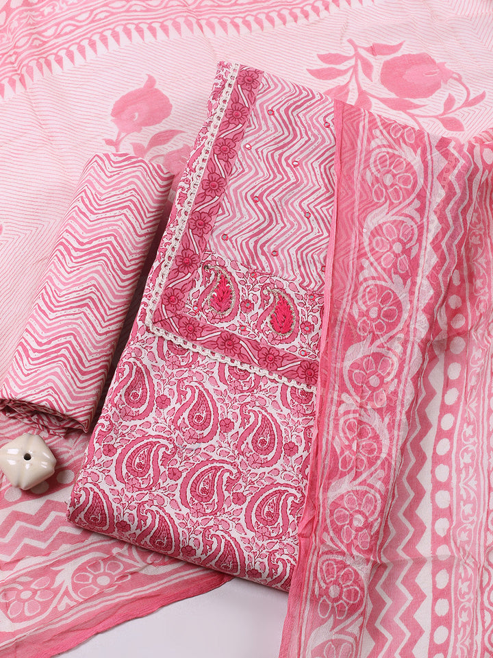 Embroidered Cotton Blend Unstitched Suit With Pant &amp; Dupatta