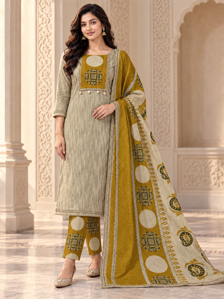 Beige Cotton Blend Embroidered Unstitched Dress Material