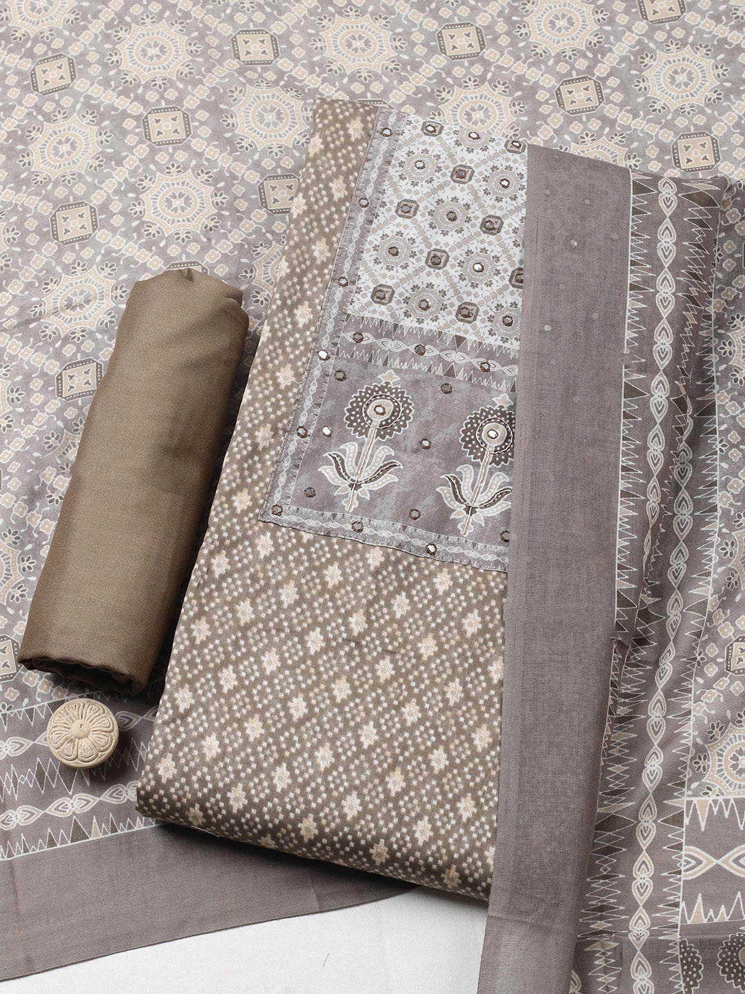Printed Cotton Blend Unstitched Suit With Pant &amp; Dupatta