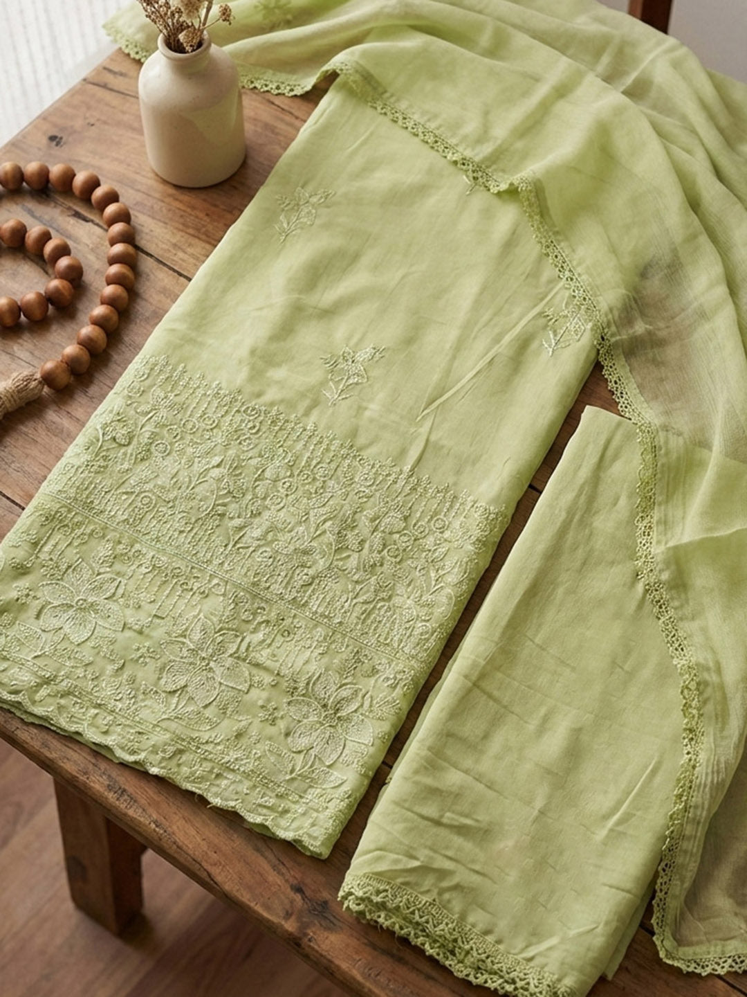 Embroidered Chanderi Unstitched Suit With Pant &amp; Dupatta