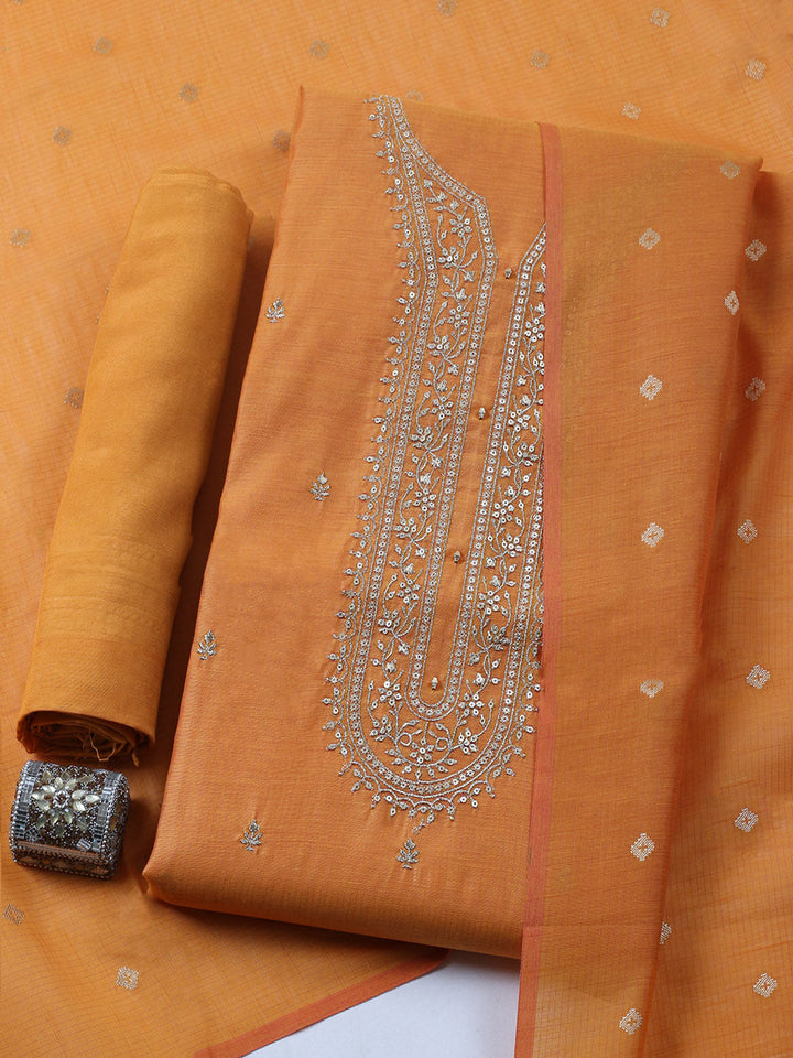 Embroidered Chanderi Unstitched Suit With Pant &amp; Dupatta