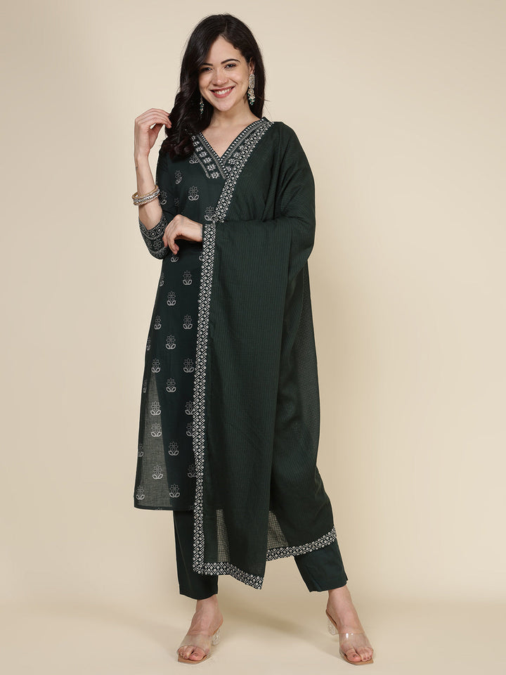 Printed Cotton Blend Kurta With Pants &amp; Dupatta