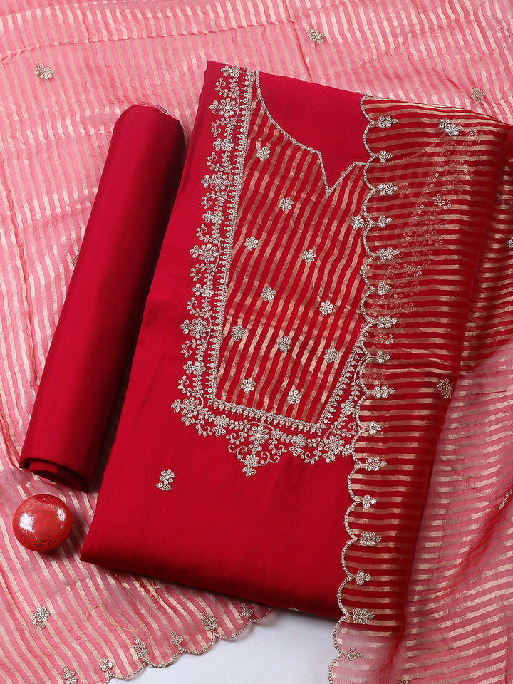 Embroidered Chanderi Unstitched Suit With Pant &amp; Dupatta