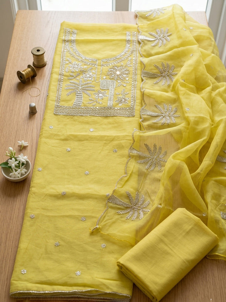 Embroidered Chanderi Unstitched Suit With Pant &amp; Dupatta