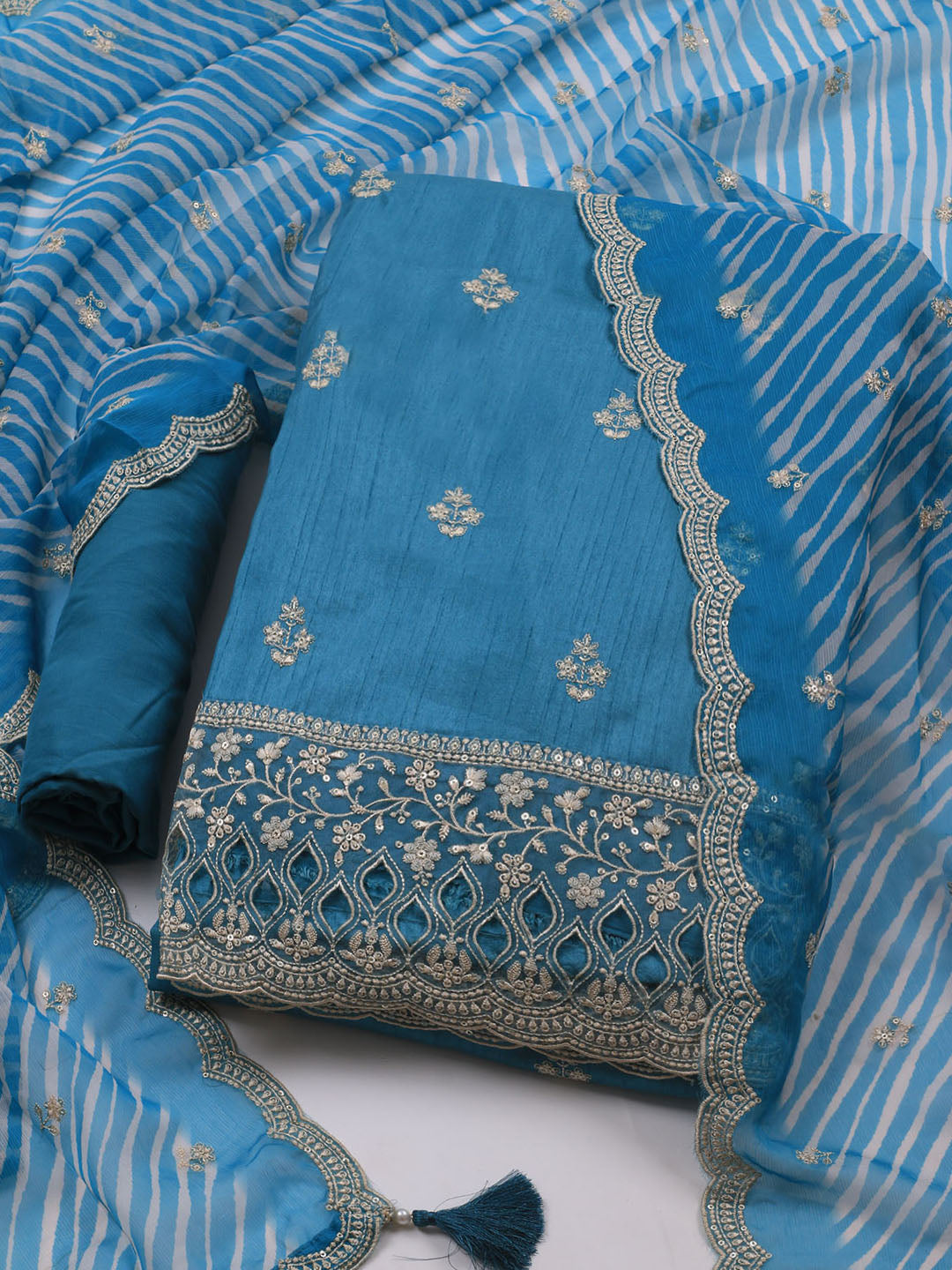 Embroidered Art Silk Unstitched Suit Piece With Dupatta