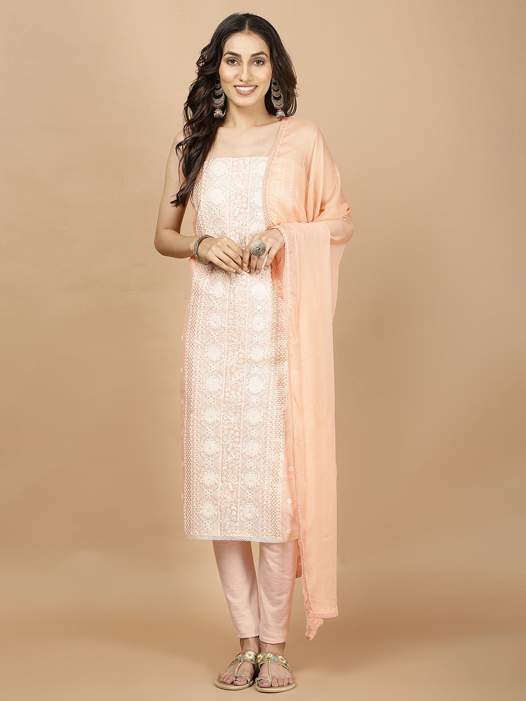 Embroidered Chanderi Unstitched Suit Piece With Dupatta