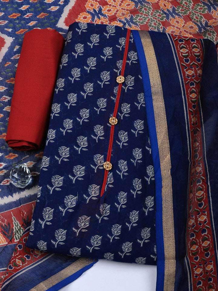 Embroidered Cotton Blend Unstitched Suit With Pant &amp; Dupatta