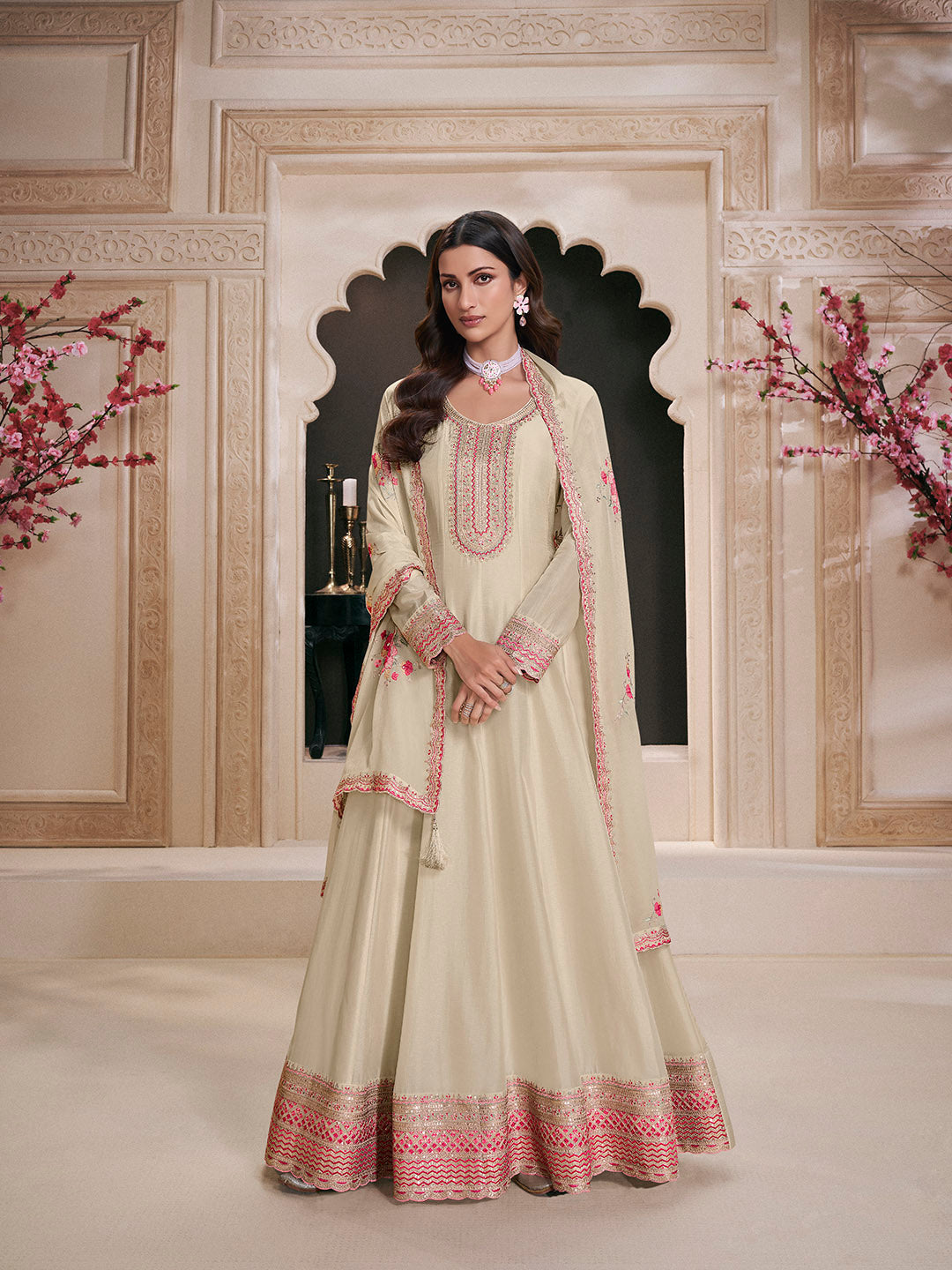 Embroidered Art Silk Unstitched Suit With Pant &amp; Dupatta
