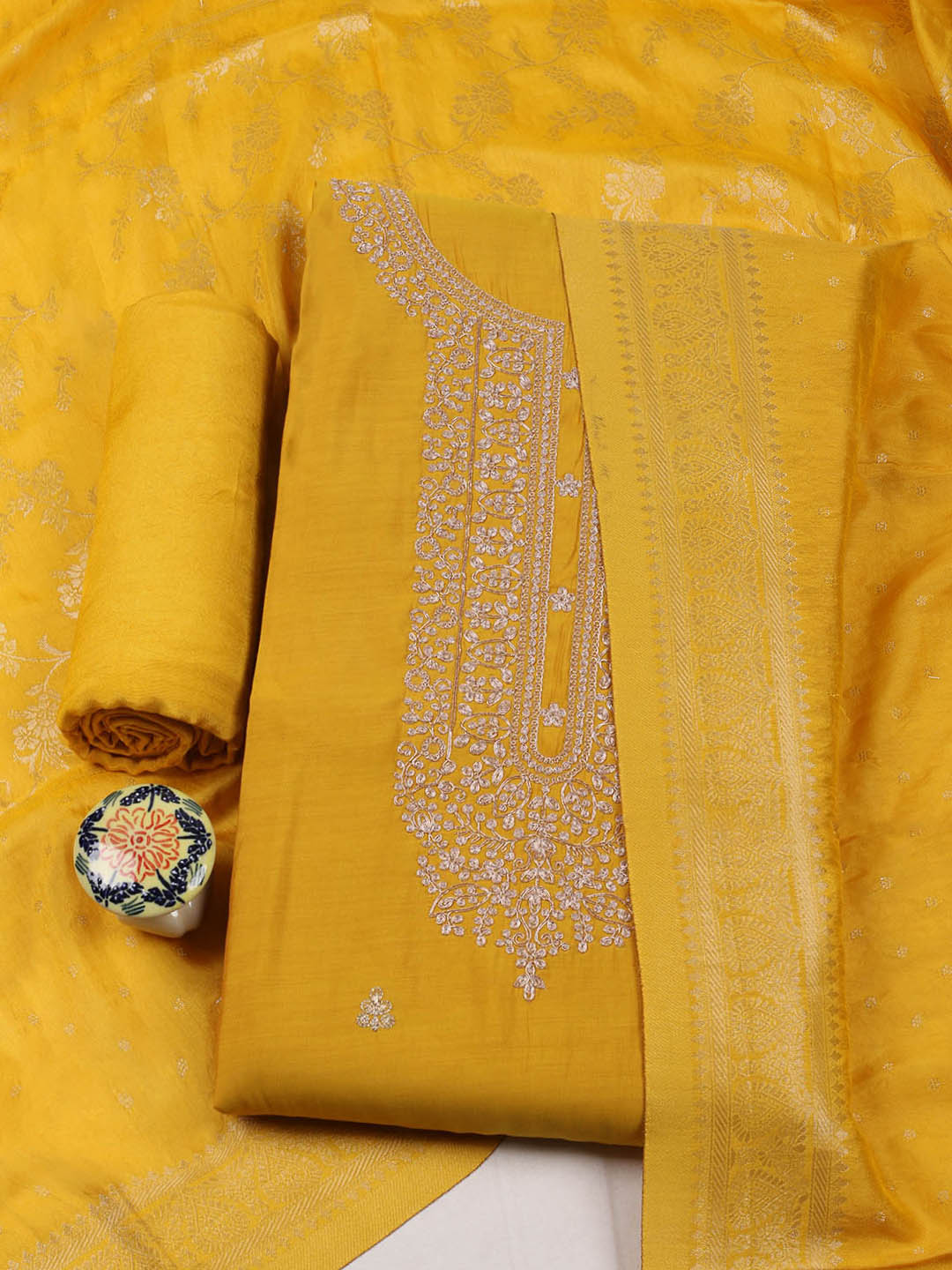 Embroidered Chanderi Unstitched Suit With Pant &amp; Dupatta