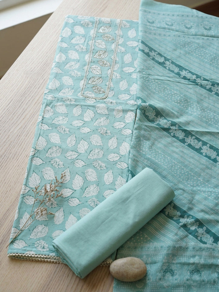 Printed Cotton Blend Unstitched Suit With Pant &amp; Dupatta