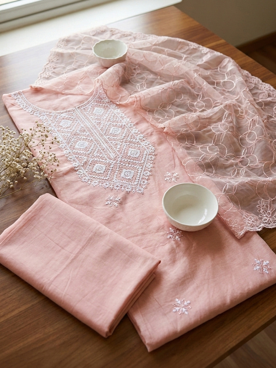 Embroidered Cotton Blend Unstitched Suit With Pant &amp; Dupatta