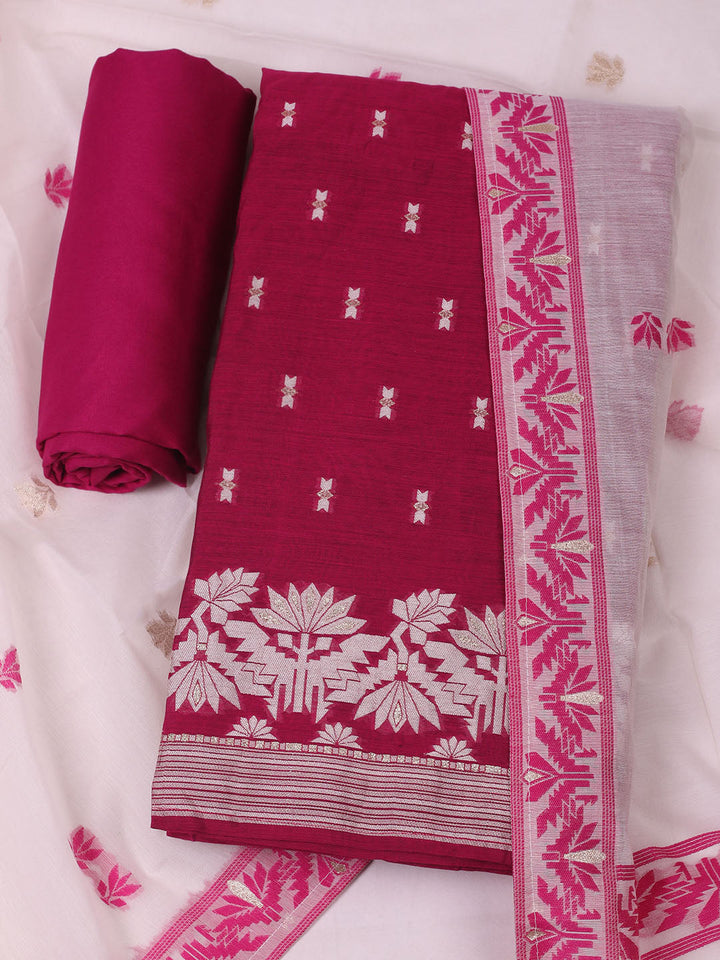 Embroidered Chanderi Unstitched Kurta With Pant &amp; Dupatta