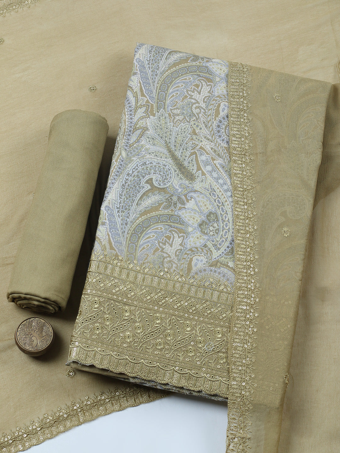 Embroidered Chanderi Unstitched Suit With Pant &amp; Dupatta