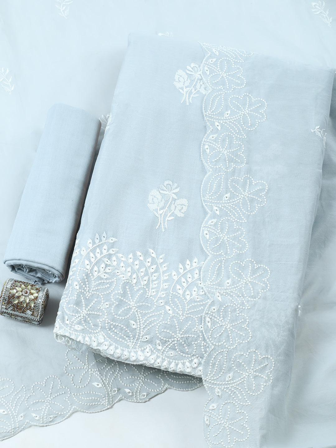 Embroidered Cotton Blend Unstitched Suit With Pant &amp; Dupatta