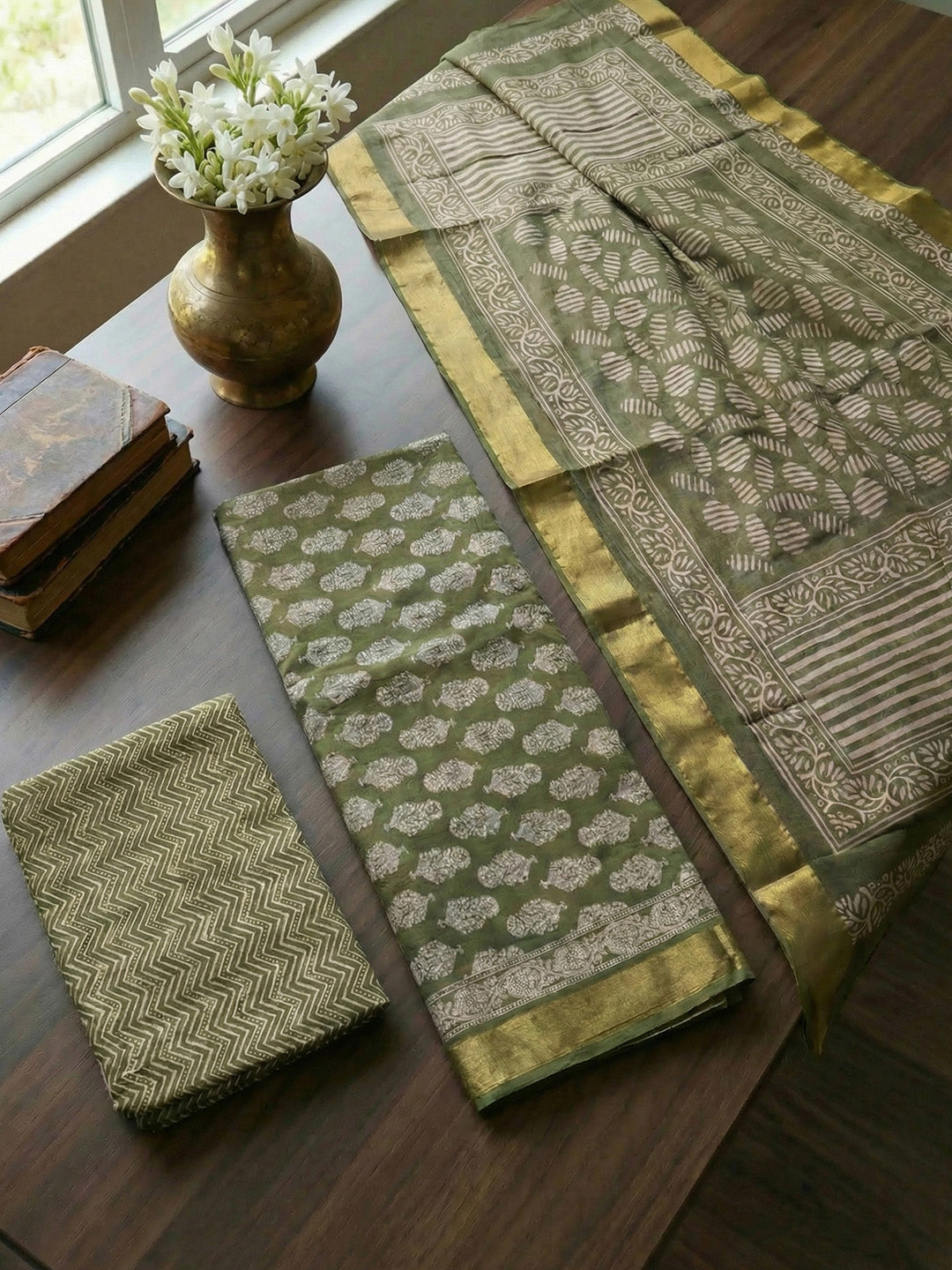 Printed Cotton Blend Unstitched Suit With Pant &amp; Dupatta