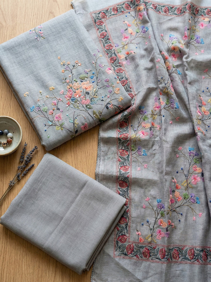 Embroidered Cotton Blend Unstitched Suit With Pant &amp; Dupatta