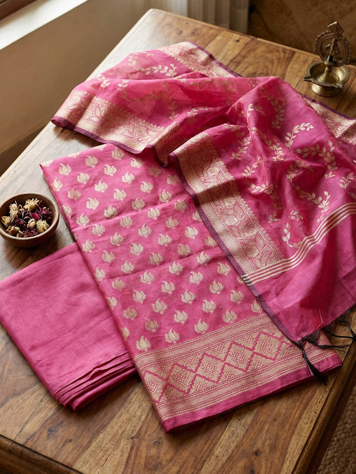 Banarasi Chanderi Unstitched Suit With Pant &amp; Dupatta