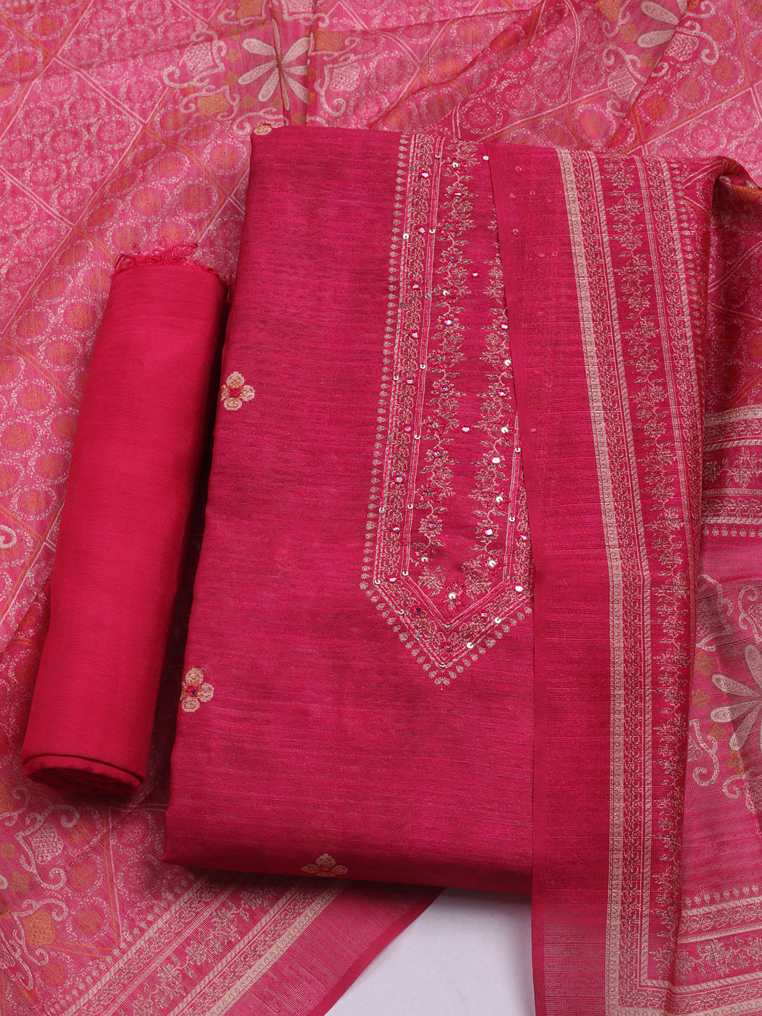 Embroidered Chanderi Unstitched Suit With Dupatta