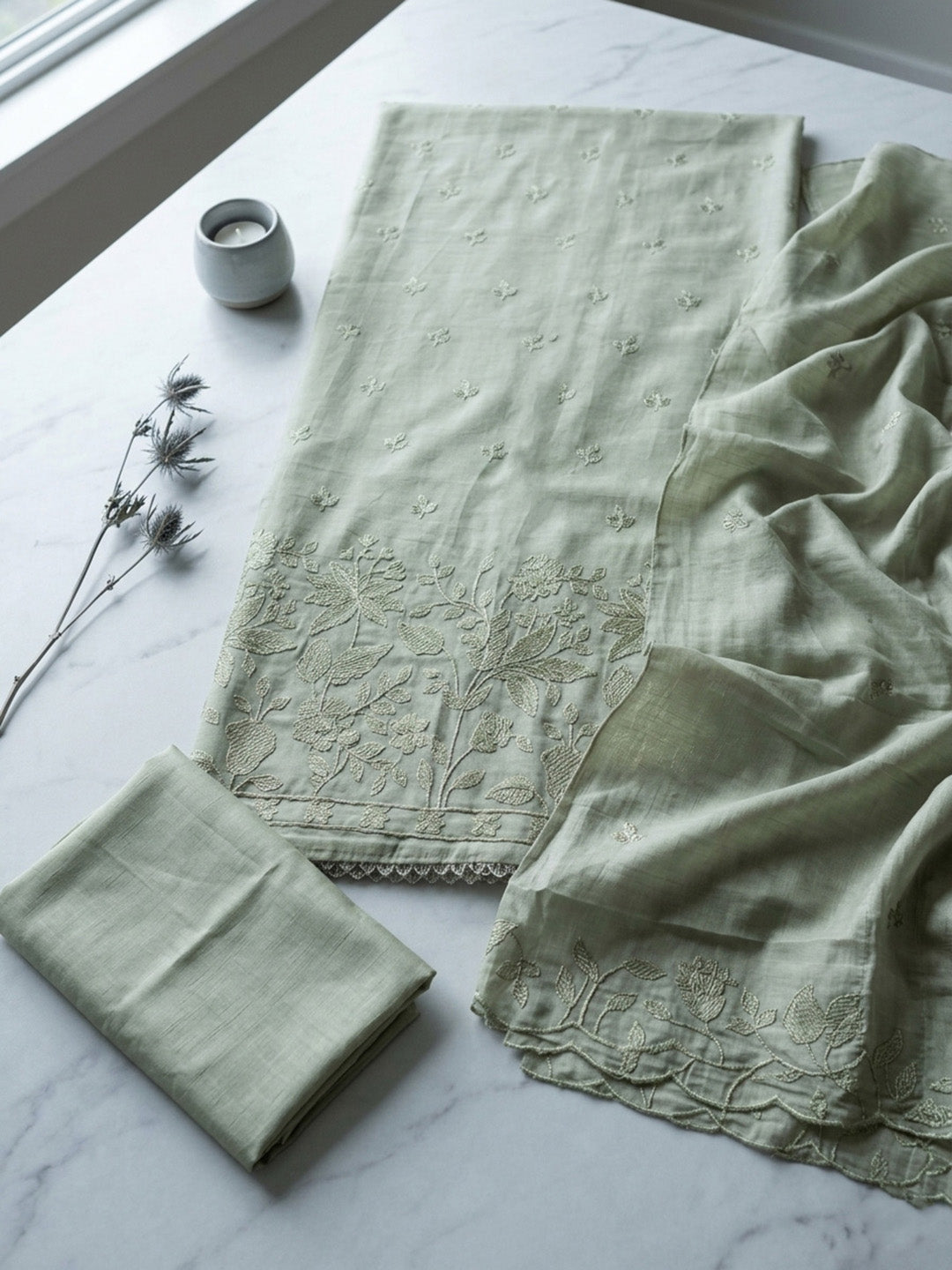 Embroidered Chanderi Unstitched Suit With Pant &amp; Dupatta