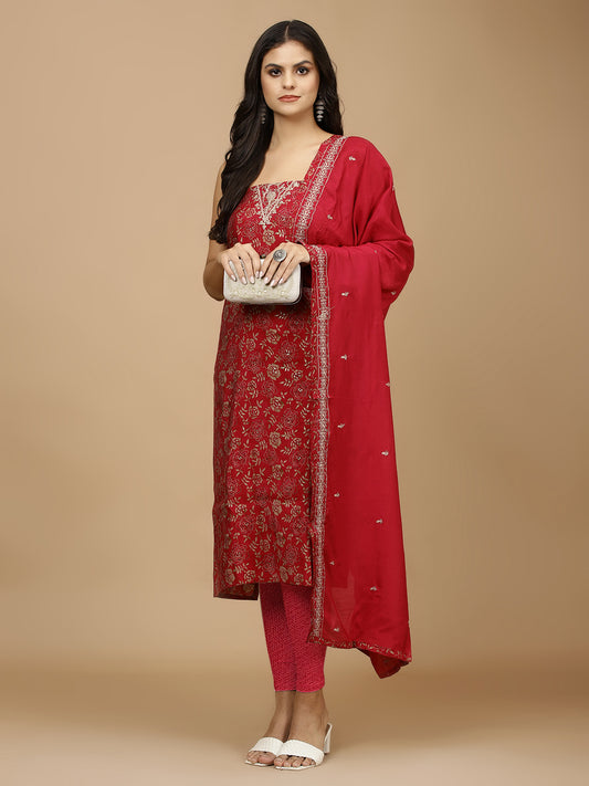 Neck Embroidery & Printed Cotton Unstitched Suit With Dupatta