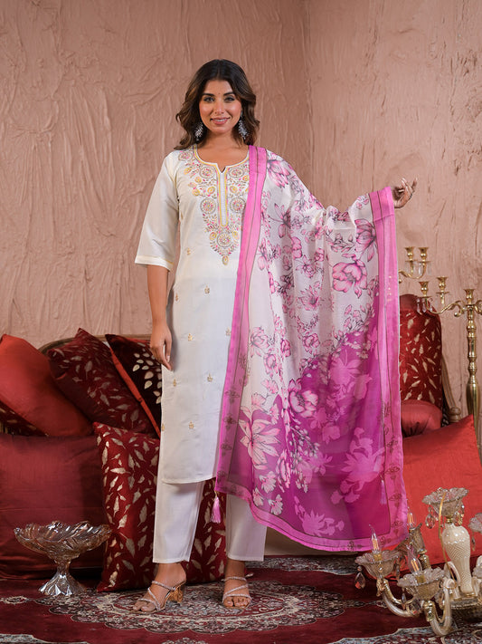 Neck Embroidery Cotton Blend Kurta With Pants & Dupatta