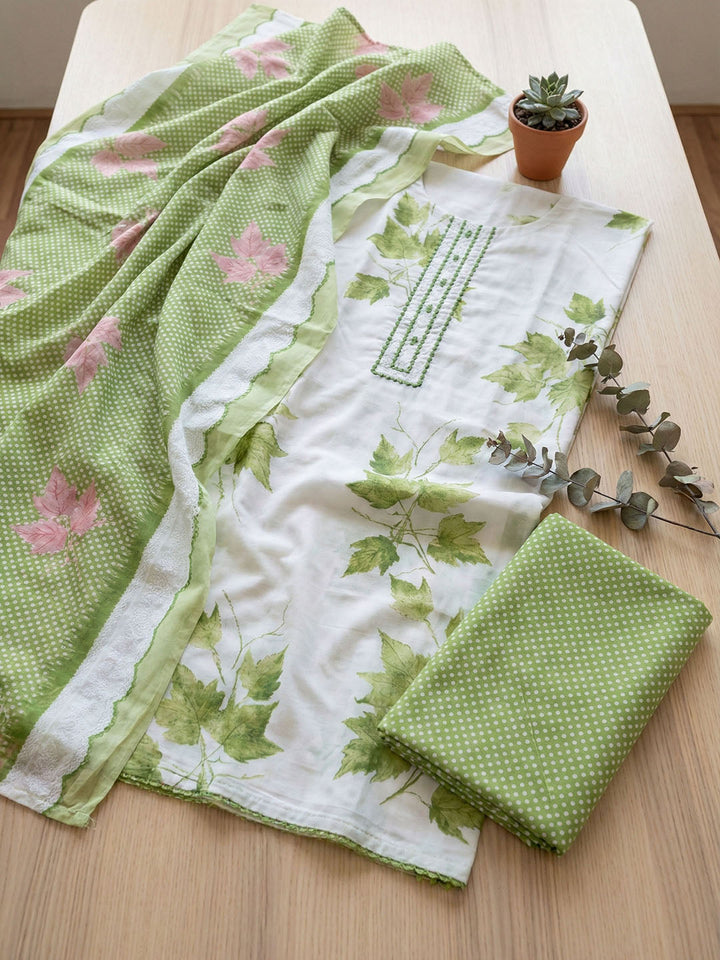 Embellished Cotton Blend Unstitched Suit With Pant &amp; Dupatta