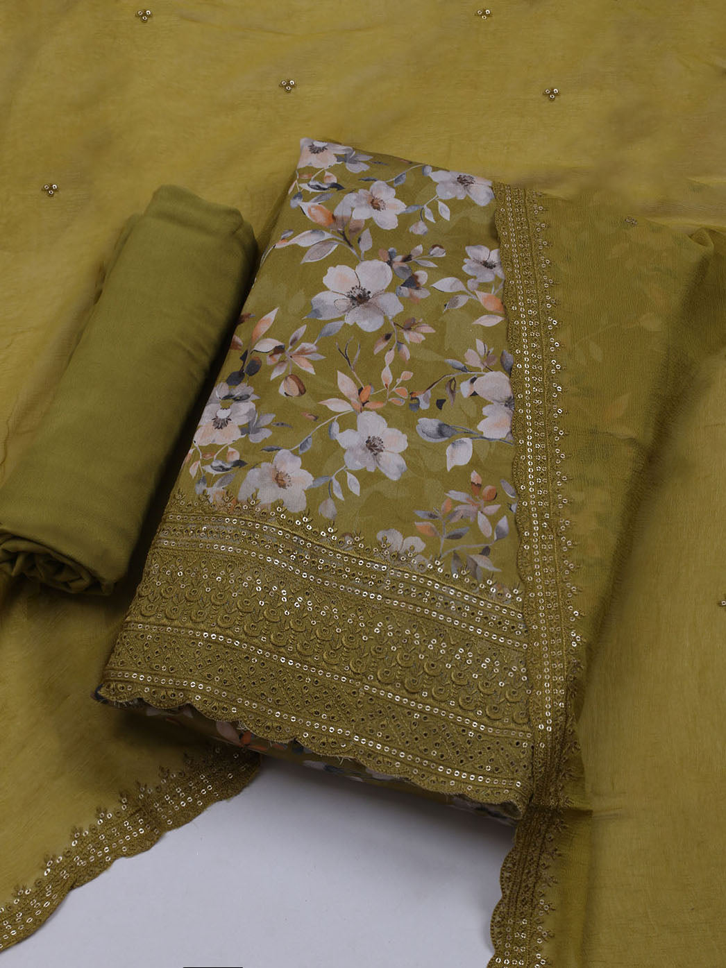 Printed Cotton Blend Unstitched Suit With Dupatta