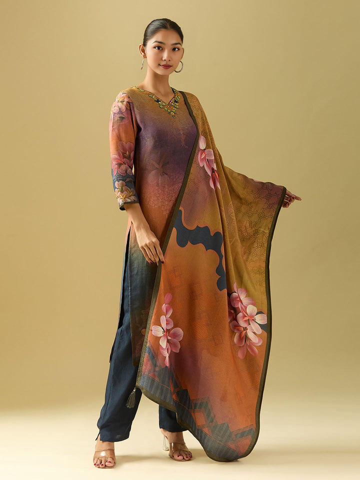 Neck Embroidery Muslin Kurta With Pants &amp; Dupatta