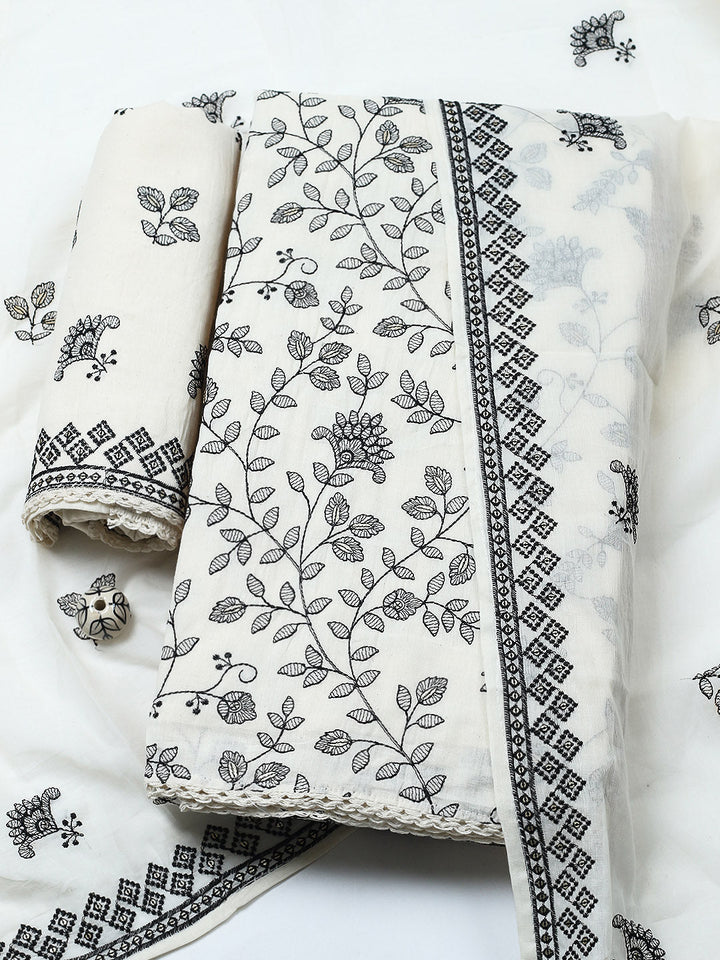 Embroidered Cotton Blend Unstitched Suit With Pant &amp; Dupatta