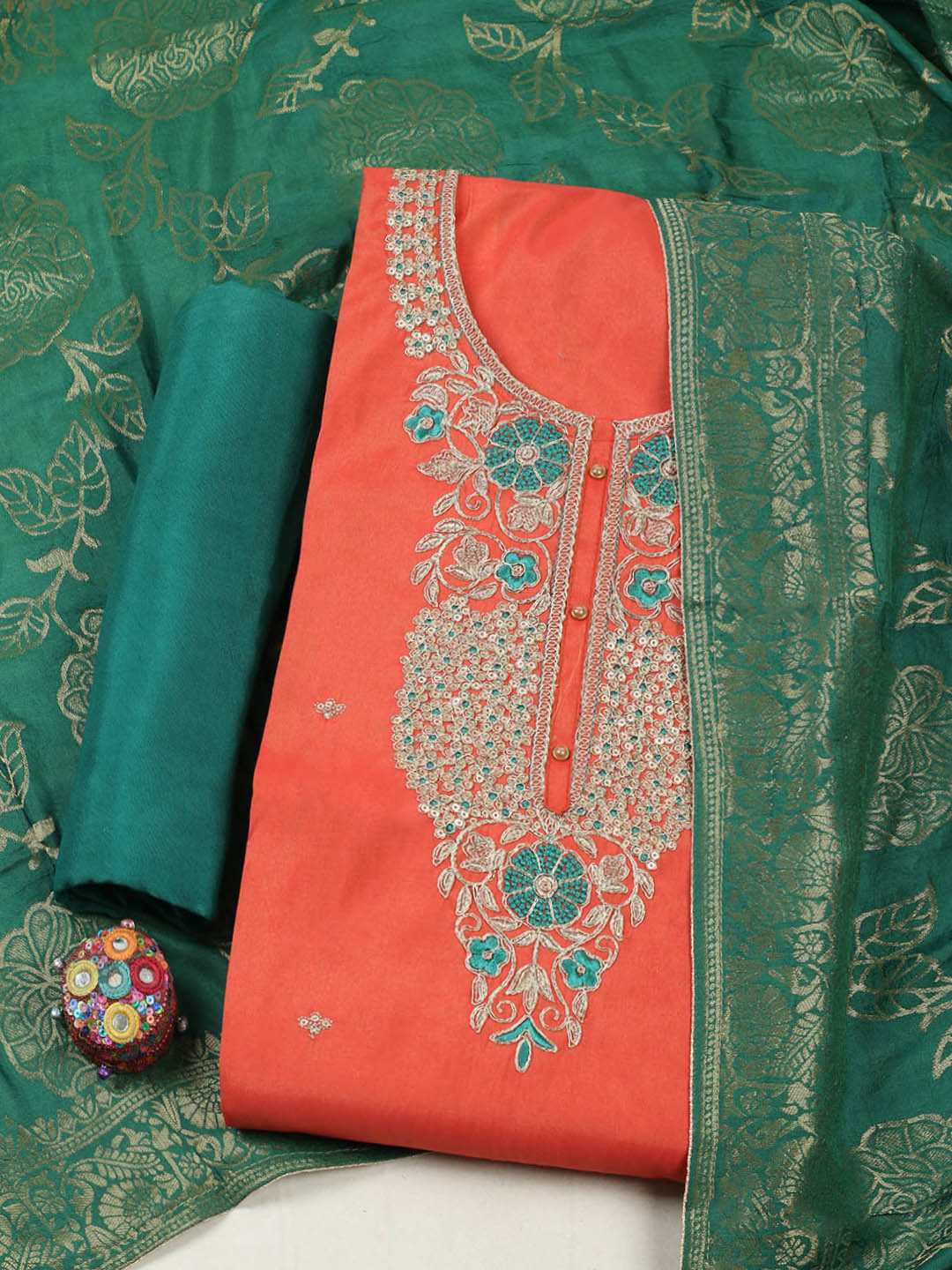 Embroidered Chanderi Unstitched Suit With Pant &amp; Dupatta