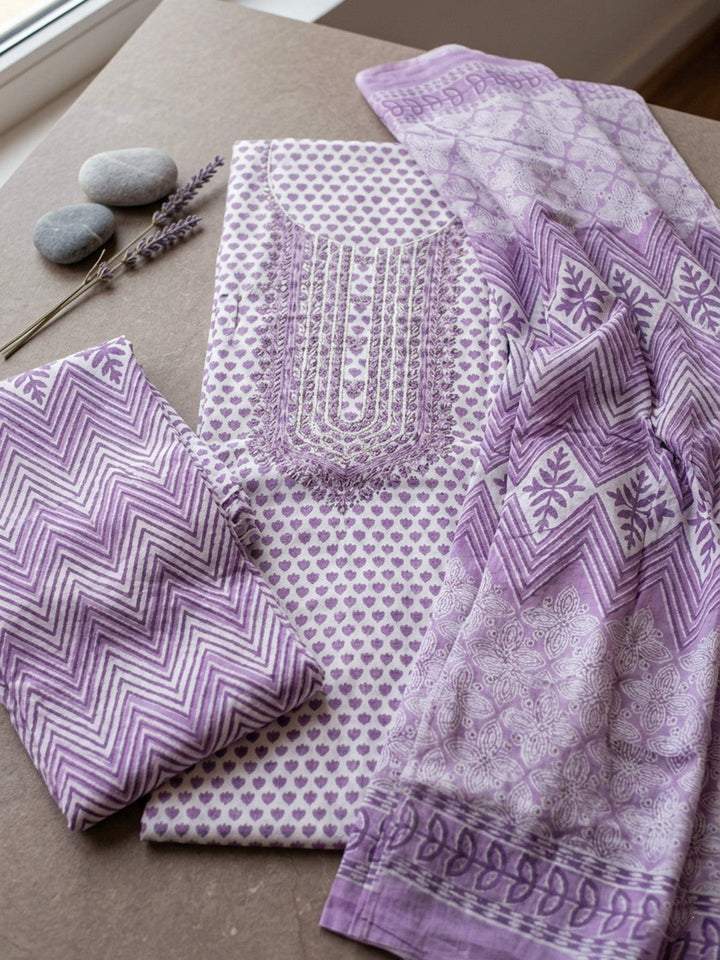 Embroidered Cotton Blend Unstitched Suit With Pant &amp; Dupatta