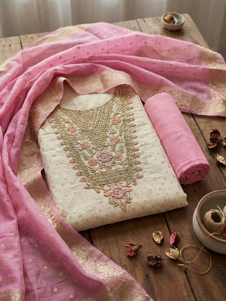 Embroidered Chanderi Unstitched Suit With Pant &amp; Dupatta