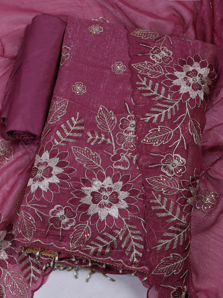 Embroidered Tissue Unstitched Suit With Pant &amp; Dupatta