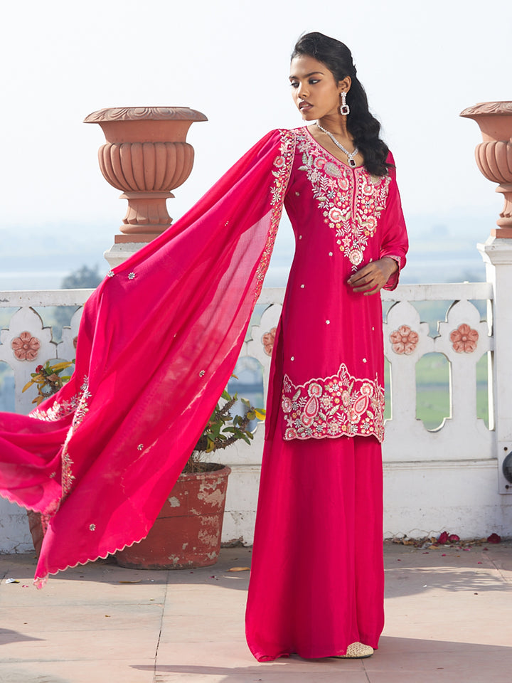 Rani Embroidered Chinon Kurta Palazzo with Dupatta