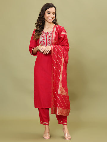 Neck Embroidery Cotton Blend Kurta With Pants & Dupatta