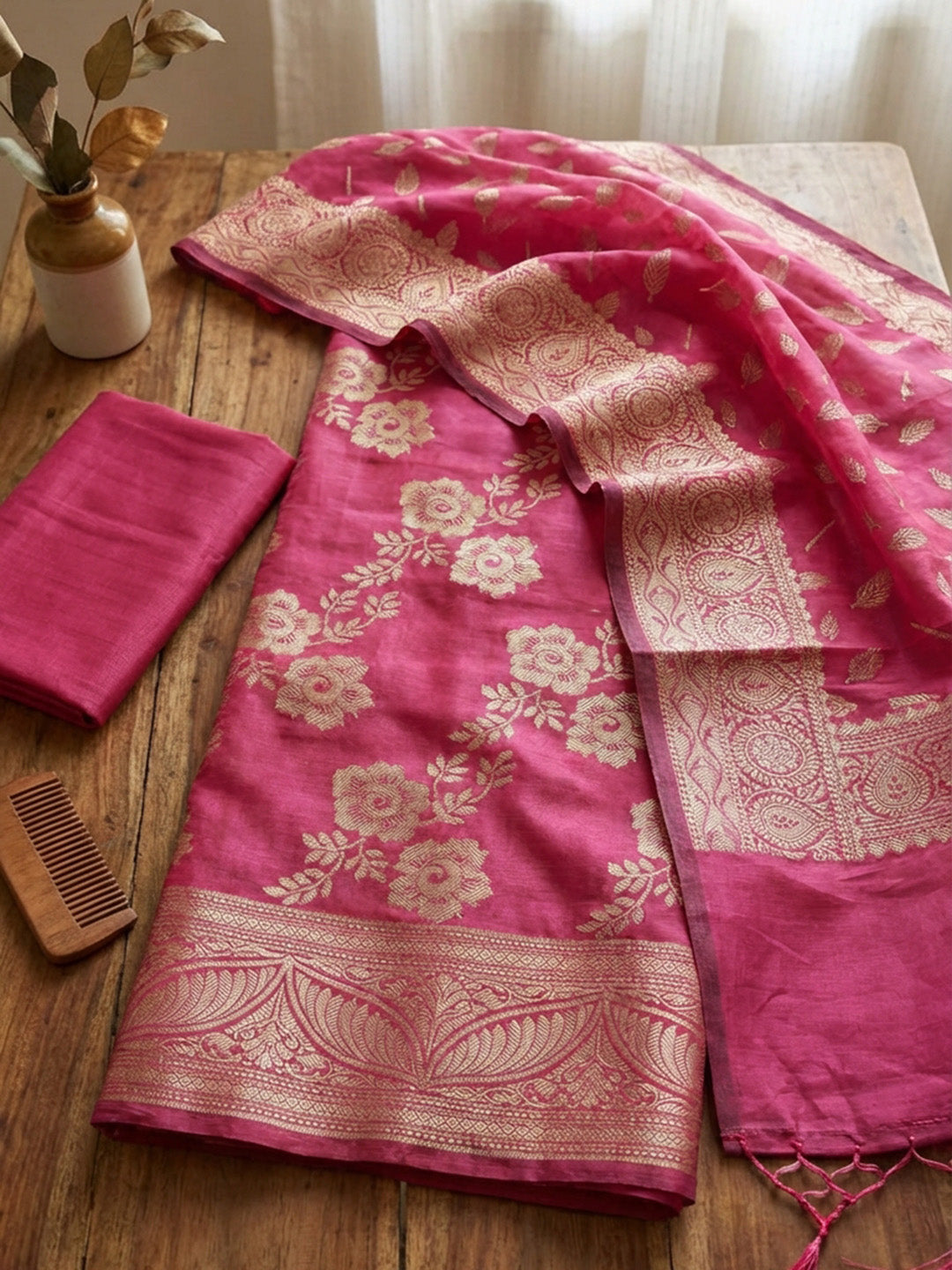 Banarasi Chanderi Unstitched Suit With Pant &amp; Dupatta