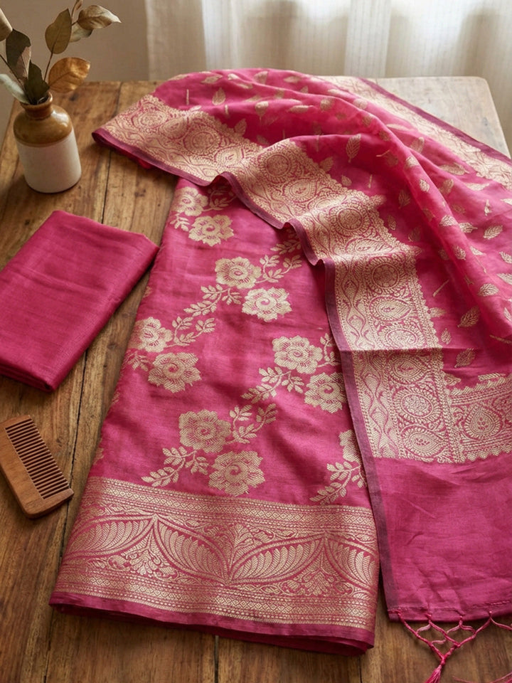 Banarasi Chanderi Unstitched Suit With Pant &amp; Dupatta