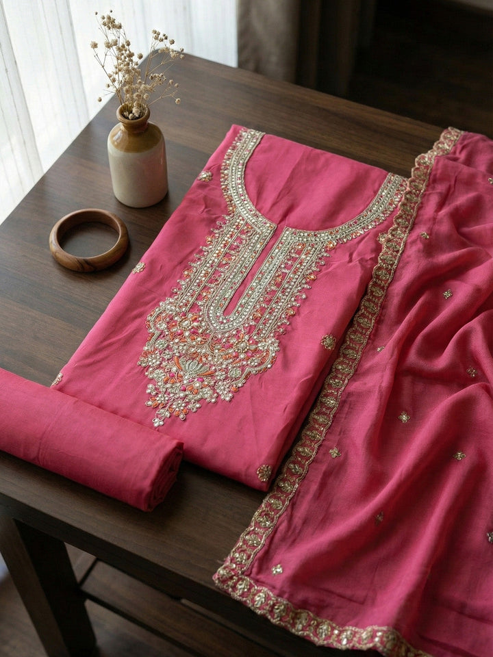 Embroidered Chanderi Unstitched Suit With Pant &amp; Dupatta