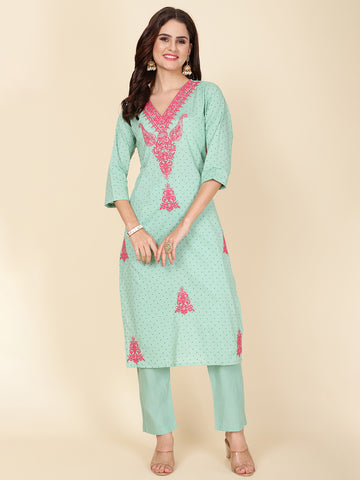 Printed & Neck Embroidered Cotton Kurta Set