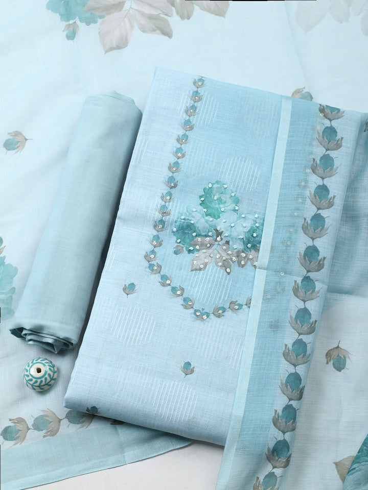 Embroidered Linen Blend Unstitched Suit With Pant Dupatta