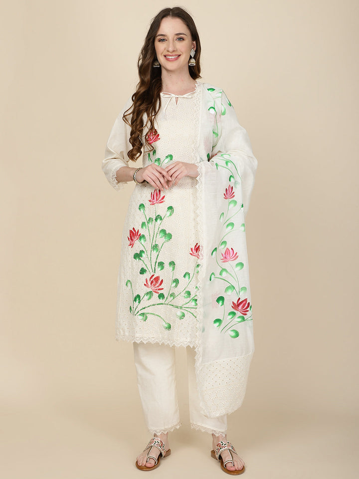 Floral Printed Cotton Kurta With Pants &amp; Dupatta