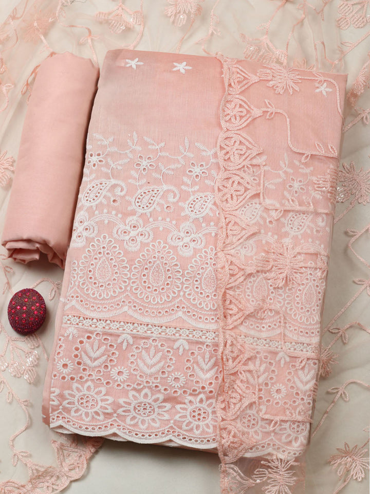 Embroidered Chanderi Unstitched Suit With Pant &amp; Dupatta