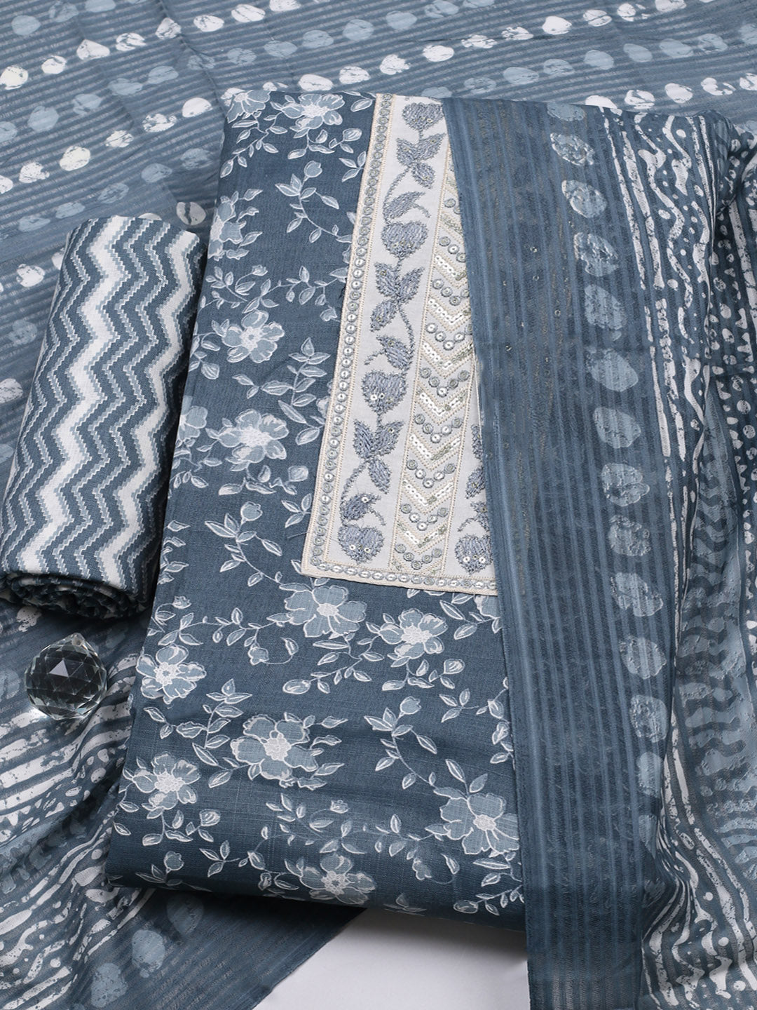 Printed Cotton Blend Unstitched Suit With Pant &amp; Dupatta