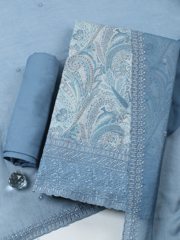Embroidered Chanderi Unstitched Suit With Pant &amp; Dupatta