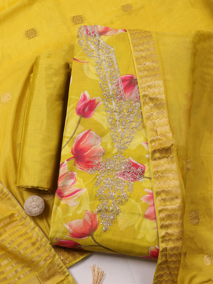 Embroidered Cotton Blend Unstitched Suit With Pant &amp; Dupatta